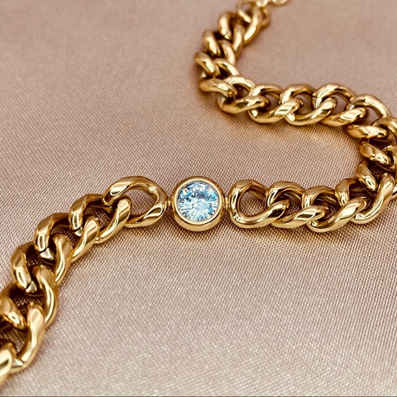 14K Gold Round Diamond CZ Cuban Link Chain Chunky Bracelet - Picture 2 of 4